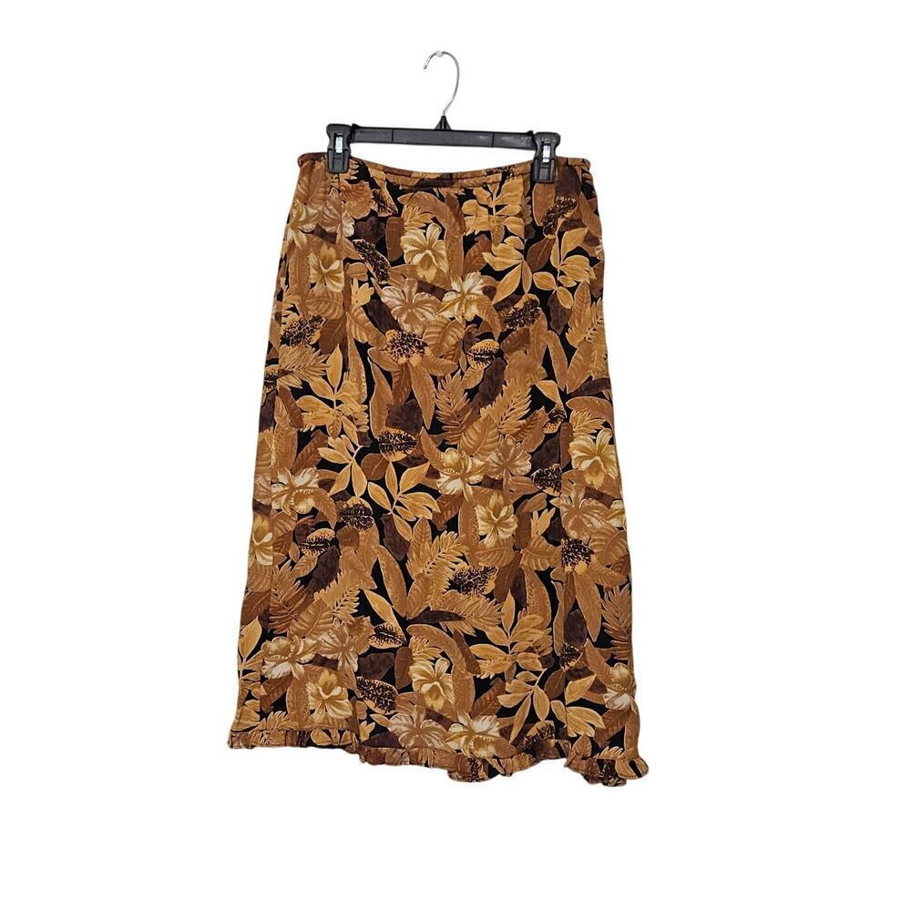 Vtg 90s Chico's Designs Print Midi Skirt Brown Leaves Size Large 100% Rayon